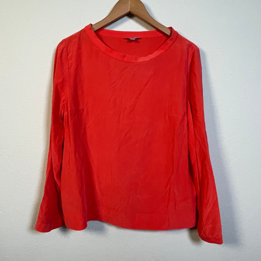 COS 100% Silk Pullover Blouse Womens 12 Orange Red Long Sleeve Minimalism